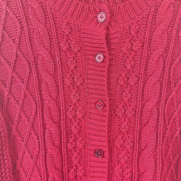 Talbots Petite Maroon Cardigan 2X Fisherman Cable Knit Cotton Wool Preppy Classy - Picture 2 of 8